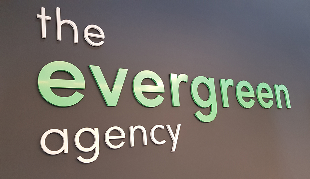 The Evergreen Agency reception lettering by Signscope
